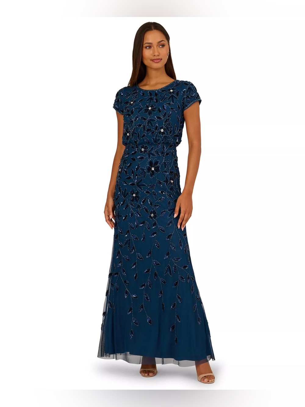 NWT Adrianna Papell Blue Beaded Floral Gown Bateau Long Maxi Dress Size 6 $299